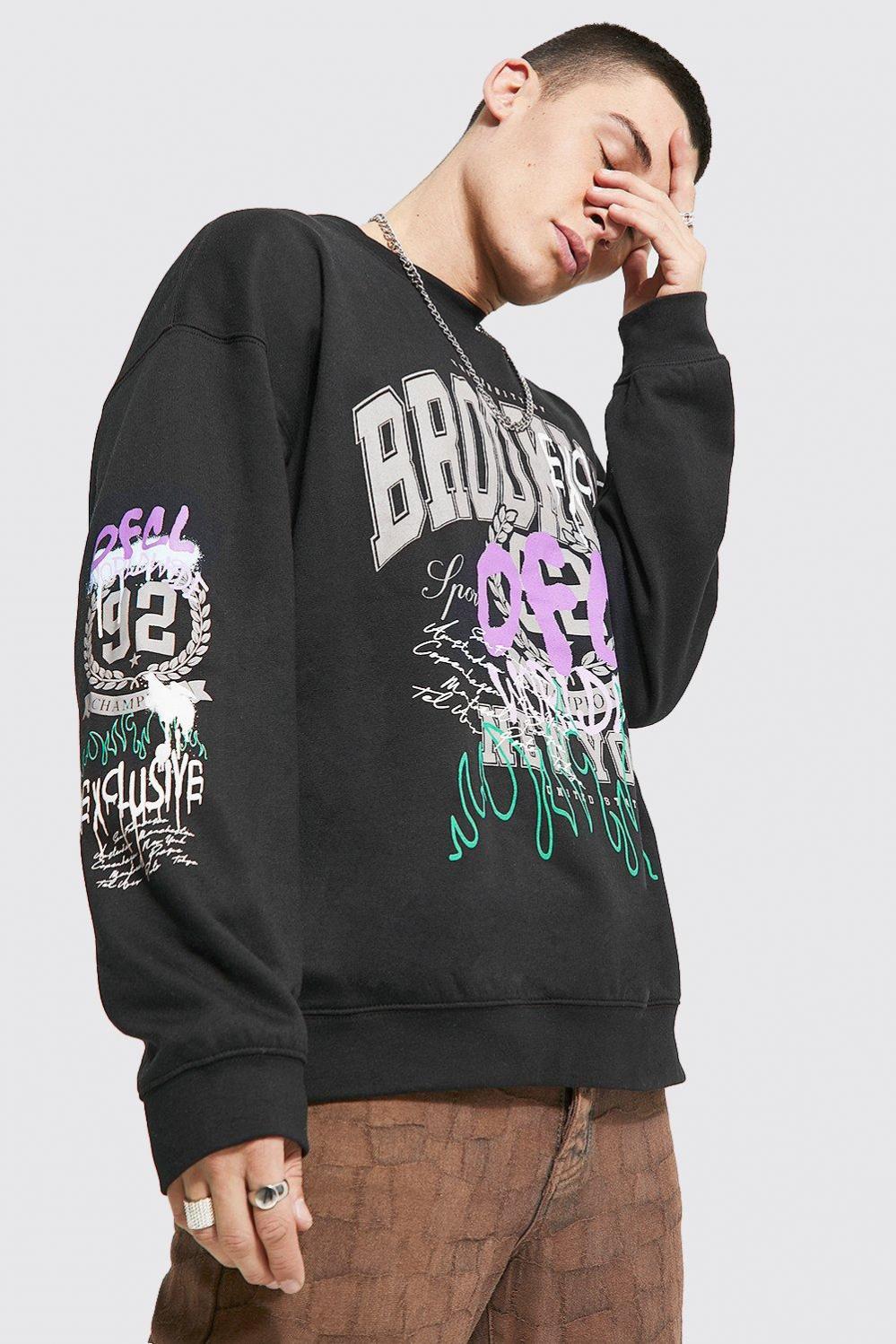 Hoodies Sweatshirts boohooMAN Mens Oversized Brooklyn Graffiti